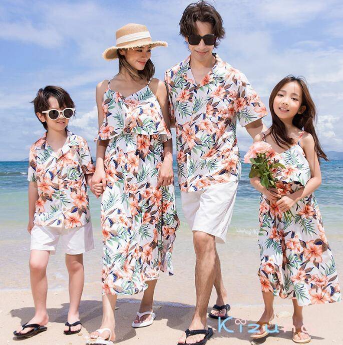 親子ペアルック夏服花柄アロハシャツ...