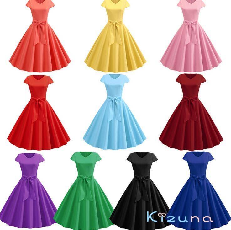 カラフルドレス レトロワンピース レディースロングワンピース Aラインドレス 大きい裾ドレス 細身ドレス 夏服 ダンス衣装 海旅行衣装 リボン おしゃれ 10色 S-XXL