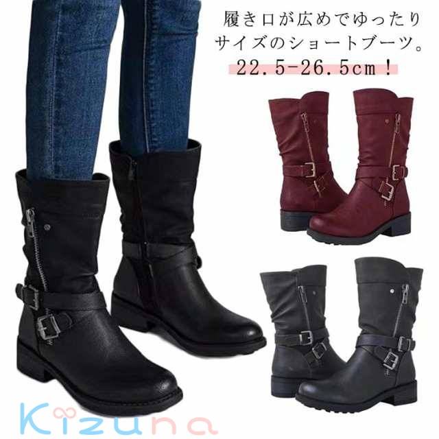 ミドルブーツ レディース靴 大きいサイズ ミドル丈 幅広 エンジニアブーツ レディース ショートブーツ エンジニアブーツ ブーツ 疲れにくい 筒周り エンジニアブーツ ゆったり 履きやすい ブーツ ダブルベルト ラウンドトゥ ファスナー 靴 厚底 ローヒール