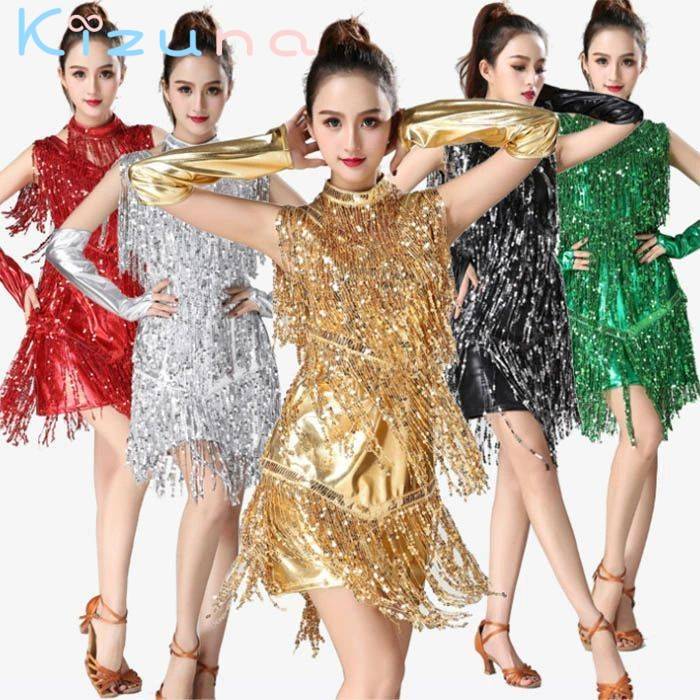 ワンピース/チョーカー/グローブの3点セット キラキラ ダンス衣装 ダンスウェア スパンコール フリンジ..