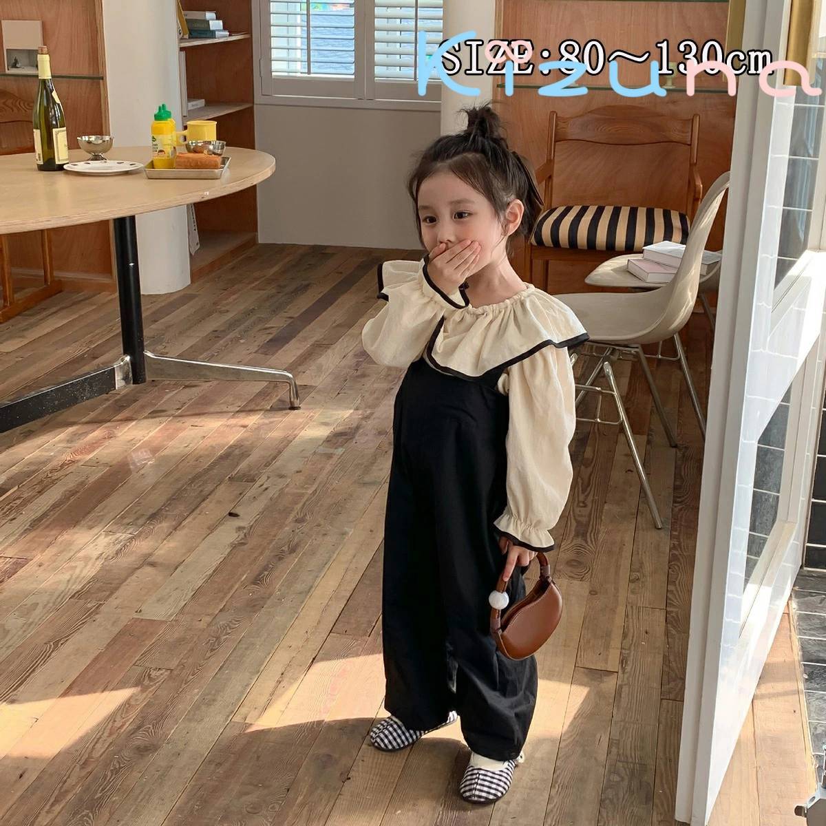 キッズワイドサロペットパンツ ビックカラーブラウス　セット　韓国子供服長袖パンツワイド大人っぽい女の子秋春上下セット送料無料 ビックカラーブラウスとワイドパンツサロペットのセットです。 5