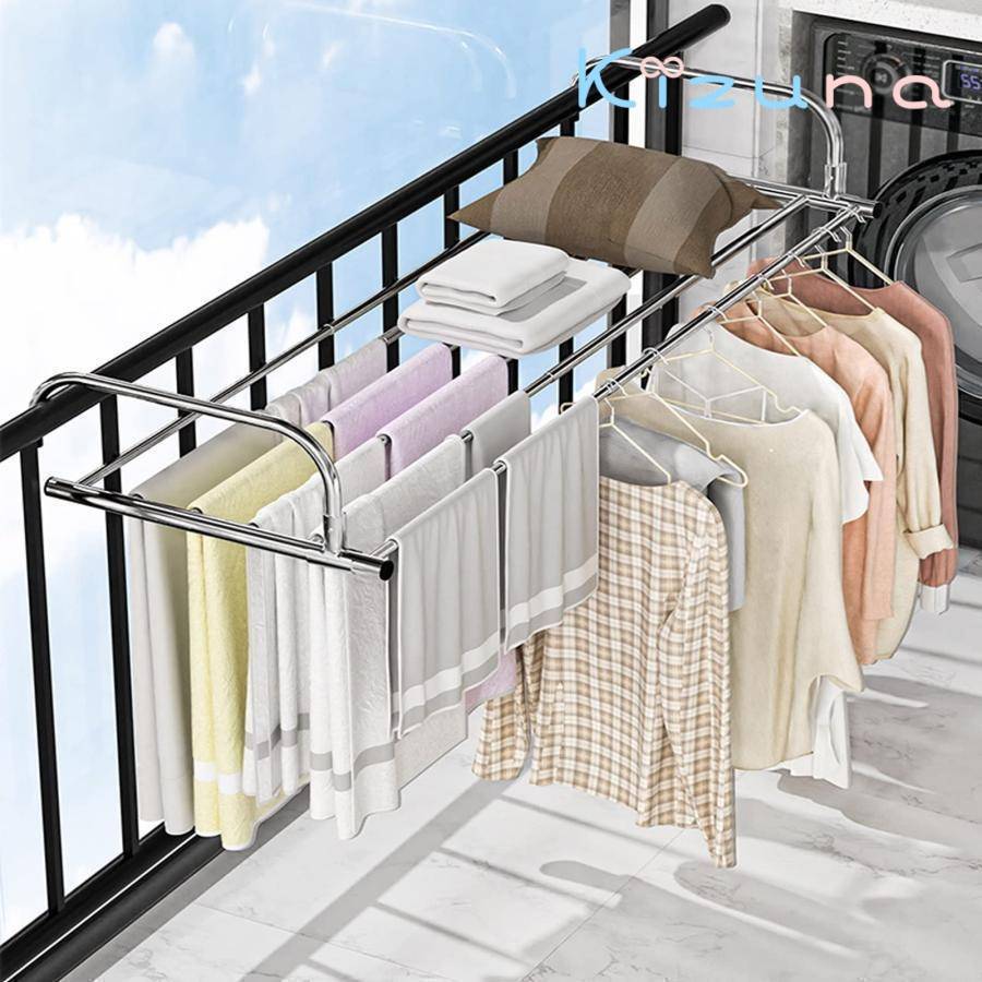 伸縮 ベランダ 手すり、ステンレス製ベランダ用 物干しラック 窓枠手すり、バルコニー乾燥靴台、調整可..