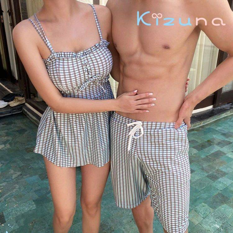ペア水着 カップル水着 お揃い ペアルック リンクコーデ 水着 レディース スカート 体型カバー サーフパンツ メンズ ビーチパンツ 短パン ハーフパンツ チェック 格子柄 沖 旅行 夏