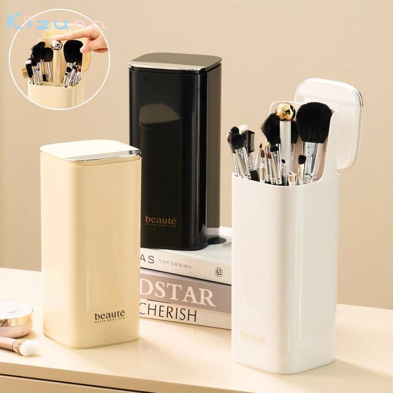 Makeup Boxes - メイクブラシ 収納 スタンド メイクボックス 収納ボックス 蓋付き ホルダー コスメブラシ 昇降 化粧ブラシ 化粧筆 鉛筆 ペン 文具 アクセサリー メイクブラシスタンド 立て 卓上整理ボックス 省スペース 口紅 化粧ブラシ 化粧筆 小物収納