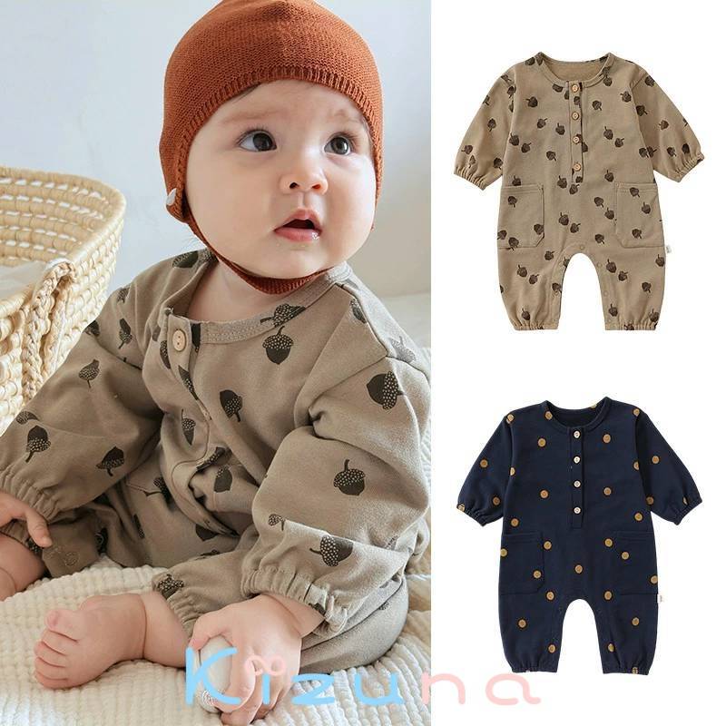 ベビー服 長袖 ロンパース カバーオール 長袖 ドット ヘーゼルナッツ ベビーパジャマ ルームウェア ...