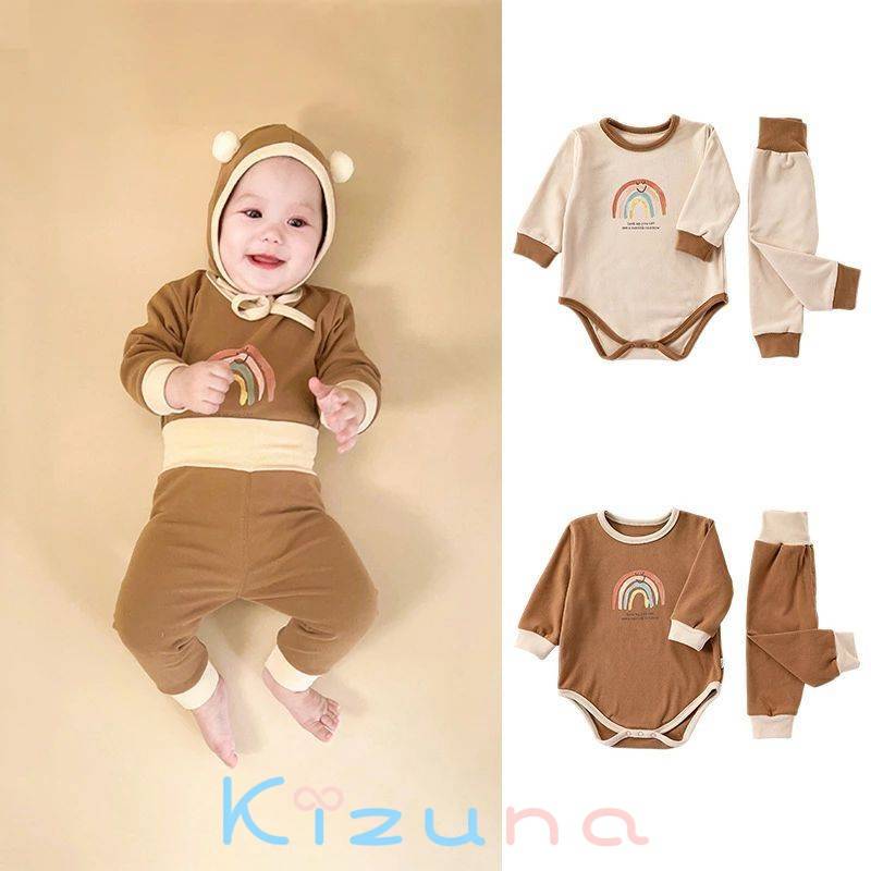 ベビー服 長袖 ロンパースとパンツ 上下セット 虹 rainbow ベビーパジャマ 帽子付き 女の子 ...