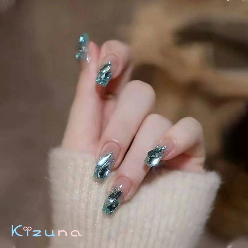送料無料 ネイルチップ 10枚入り 全4サイズ 手つくり キラキラ ミズイロ スクエア ロング つけ爪 ショ..