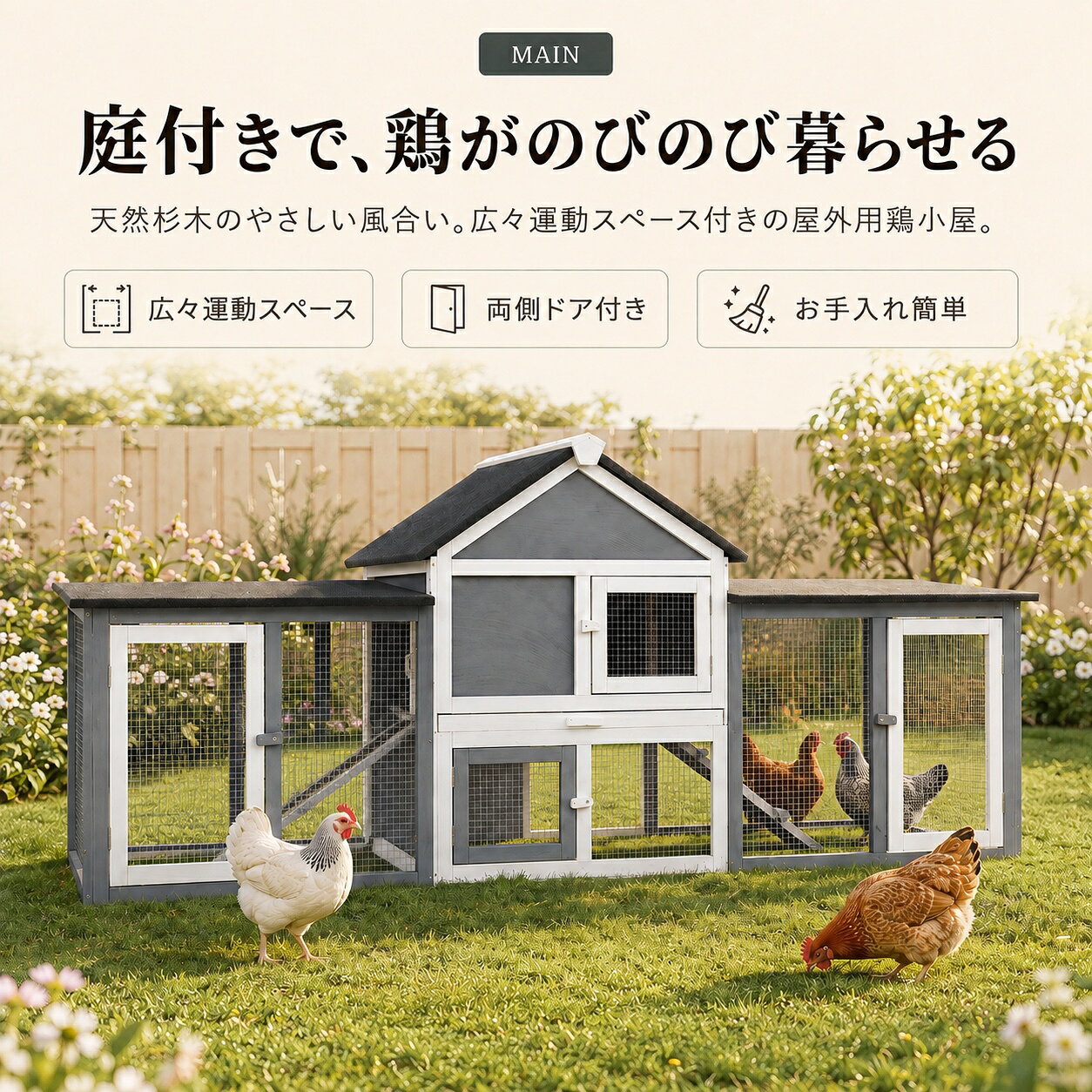 庭付きで、鶏がのびのび過ごせる 小屋部分と左右の運動スペースを一体化した、天然木製の大型鶏小屋です。 休息スペース、運動スペース、スロープ、引き出しトレイを備え、鶏が過ごしやすく、毎日のお世話もしやすい設計です。 ○ 左右に広がる運動スペース 中央の小屋部分の両側に、金網で囲まれた運動スペースを配置。 歩き回ったり、羽を広げたりできるスペースを確保しています。 飼育羽数は鶏の品種、体格、年齢、飼育方法によって異なります。必要に応じて別途十分な運動スペースを確保してください。 ○ 毎日のお世話がしやすい 左右の運動スペースには扉が付いているため、エサや水の交換、内部のお手入れをスムーズに行えます。 中央部分にも複数の扉があり、鶏の確認や日常のお世話に便利です。 ○ 移動を助けるスロープ付き 小屋部分と左右の運動スペースをつなぐ専用スロープを装備。 スロープには足場が付いているため、高低差のある場所も昇り降りしやすい設計です。 ○ 引き出し式トレイ 小屋部分の床下には、引き出して取り外せるトレイを採用。 フンや床材などをまとめて取り出せるため、日常のお掃除がしやすくなっています。 ○ 通気性の良い金網仕様 運動スペースには亜鉛メッキ金網を採用。 風通しを確保しながら、外から鶏の様子を確認できます。 ○ 雨を受け流す防雨屋根 屋根にはアスファルト材を採用。雨や日差しから小屋部分を守ります。 完全防水ではないため、豪雨や強風が直接当たり続ける場所は避けて設置してください。 ○ 天然杉を使用 本体には天然杉を使用し、屋外用水性塗料で仕上げています。 木の温もりを感じられる落ち着いたグレーカラーで、庭や家庭菜園にも自然になじみます。 商品仕様 商品名左右運動スペース付き木製鶏小屋 商品サイズ約幅209.5×奥行47×高さ84.5cm 側面部分の高さ約56cm スロープ約幅16×長さ50cm 引き出しトレイ内寸約幅59.5×奥行41×高さ1.5cm 材質天然杉、亜鉛メッキ金網、アスファルト材ほか 塗装屋外用水性塗料 カラーグレー 本体重量約23kg 梱包重量約25kg 梱包サイズ約96×79×20cm 梱包数1個口 生産国中国 仕様お客様組立品 ※天然木および手作業で製造しているため、木目、節、色味、寸法には個体差があります。 ※画像と実際の商品では、モニター環境などにより色味が異なる場合があります。 よくあるご質問 Q. 何羽まで飼育できますか？ A. 飼育目安は約4～6羽ですが、鶏の品種、体格、年齢、飼育時間、運動環境によって異なります。窮屈にならないよう、鶏の状態を確認しながら飼育羽数を調整してください。 Q. 完全防水ですか？ A. 完全防水ではありません。屋根には雨を受け流しやすいアスファルト材を使用していますが、雨の強さや風向きによっては内部に雨水が入る場合があります。 Q. 雨ざらしの場所に設置できますか？ A. 屋外で使用できますが、長く使用するため、軒下など豪雨や強い日差しが直接当たり続けない場所への設置をおすすめします。 Q. 防腐処理は必要ですか？ A. 屋外用水性塗料で仕上げていますが、天然木製品のため、使用環境に応じて定期的な防腐・防水塗料の塗り直しをおすすめします。 Q. トレイは取り外せますか？ A. はい。トレイは引き出して取り外せるため、フンや床材などをまとめて掃除できます。 Q. うさぎなどにも使用できますか？ A. 動物の体格や習性、金網の間隔との相性によって異なります。特に小さな動物は、金網からの脱走や足の挟み込みがないことを確認してから使用してください。 Q. 組立には何人必要ですか？ A. 本体が大型のため、安全上2人以上での組立をおすすめします。組立前に部品がすべてそろっているか確認してください。 Q. 地面に直接設置できますか？ A. 平らで安定した場所に設置してください。天然木の劣化を抑えるため、地面からの湿気や水たまりを避け、必要に応じてブロックや防水シートを併用してください。 ご使用上の注意 ・平らで安定した場所に設置してください。 ・完全防水ではありません。 ・豪雨、強風、大雪などの悪天候時は安全を確認してください。 ・定期的に屋根、金網、扉、ロック、ネジ、接合部分を点検してください。 ・使用前に扉とロックが確実に固定されているか確認してください。 ・天然木のため、木目、節、色味には個体差があります。 ・動物を入れたまま本体を移動しないでください。 ・本製品だけで外敵の侵入を完全に防ぐことはできません。設置環境に応じた安全対策を行ってください。 関連検索キーワード 鶏小屋 にわとり小屋 ニワトリ小屋 鶏ケージ 鶏用ケージ 飼育ケージ 鶏舎 鳥小屋 鳥かご 大型鳥かご 木製ケージ 木製鶏小屋 屋外用 屋外ケージ 庭付き 運動スペース スロープ付き 引き出しトレイ 掃除簡単 金網 通気性 防雨屋根 アスファルト屋根 天然杉 グレー 家庭養鶏 平飼い 多頭飼い うずら 鳩 小動物 組立式