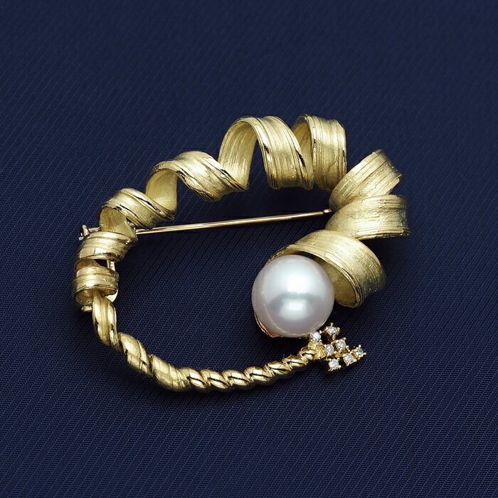 K18青金 南洋真珠 デザインブローチ 白蝶パール ブローチ 18金 ゴールド アンティーク調 立体感 個性的 大きめ 大ぶり 大珠 ヘアライン