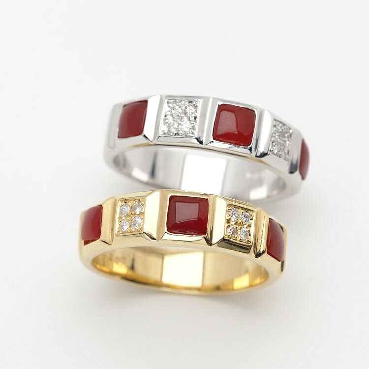 K18YG/K18WG 血赤珊瑚 リング 13号 サイズ直し可 18金イエロー/ホワイトゴールド 指輪 サンゴ プレゼント ギフト 日本製