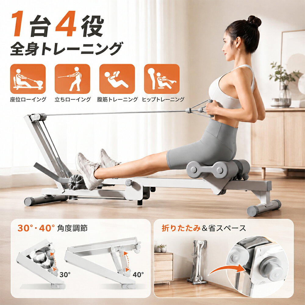 【2026新モデル】ローイングマシン 4WAY 腹筋トレーナー 4in1 30°40°角度調節 座位ローイング 立ちローイング 腹筋 ヒップトレーニング 全身筋トレ 折りたたみ 静音 家庭用 省スペース