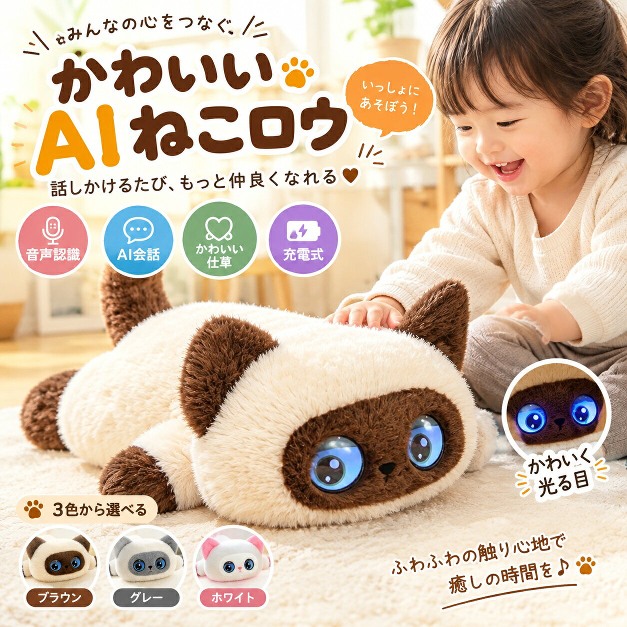 世界初、ChatGPT搭載。 言葉を超え、心を通わせるAIパートナー。 「ただいま」に「おかえり」を。 最新AIがあなたの家族に。 最先端のChatGPTモデルを採用し、66ヶ国語に対応。 単なる玩具を超えた「対話体験」を、追加費用なしでお楽しみいただけます。 ■ 無限の知能 ChatGPT連携により、文脈を理解した自然な会話が可能。 お子様の教育、シニアの話し相手、一人暮らしの癒しパートナーとして活躍します。 ■ 66ヶ国語対応 日本語・英語はもちろん、多言語に対応。 遊びながら自然に語学へ触れられる、新しい知育体験を提供します。 ■ 商品スペック サイズ：マスコット型 約12×10cm / ぬいぐるみ型 約35×26cm 素材：ポリエステル100% / 高品質PP綿 バッテリー：1200mAh（Type-C急速充電対応） 接続環境：Tuya Smartアプリ（2.4GHz Wi-Fi専用 ※5GHz非対応） 【業界最長クラス・安心の1年間保証】 レビュー投稿などの条件は一切不要。 ご購入から1年間、メーカーが責任を持って品質保証いたします。 日本人スタッフによるカスタマーサポートも完備。メーカー希望小売価格はメーカーカタログに基づいて掲載していますメーカー希望小売価格はメーカーカタログに基づいて掲載しています