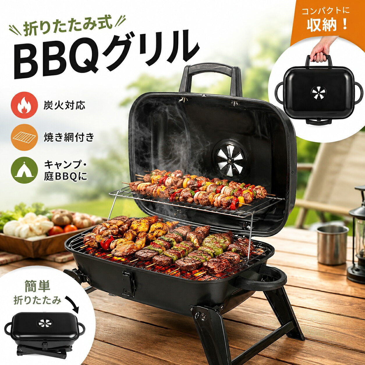 商品情報 商品名：小型バーベキュー炭コンロ 材質：ステンレス鋼・冷延鋼 カラー：ブラック 展開サイズ：約54×41×20cm 収納方式：折りたたみ式 セット内容：バーベキューコンロ本体×1 商品特徴 ■多機能グリル設計で、串焼き・燻製・ロースト・蒸し焼きなど幅広い調理に対応。丸鶏・魚・野菜・肉料理まで本格アウトドアクッキングが楽しめます。 ■高密閉円筒型構造を採用し、熱を効率よく循環。食材の旨みを閉じ込め、高温でジューシーに焼き上げます。 ■折りたたみ式で組み立ても簡単。使用後はコンパクトに収納でき、車載やキャンプへの持ち運びにも便利です。 ■耐熱性・耐久性に優れたステンレス鋼と冷延鋼を採用。高温でも変形しにくく、繰り返し使用できます。 ■炭火ならではの遠赤外線効果で、外は香ばしく中はふっくらとした仕上がりを実現します。 ■キャンプ・BBQ・庭・ベランダ・アウトドア・釣り・イベントなど様々なシーンで活躍します。 使用シーン キャンプ / バーベキュー / アウトドア / 庭BBQ / ベランダ / 河原 / 海辺 / ピクニック / 釣り / ソロキャンプ / ファミリーキャンプ / 防災用品 ご注意 ▼本製品は屋外専用です。屋内・テント内・換気の悪い場所では使用しないでください。 ▼使用中および使用直後は本体が高温になりますので、十分ご注意ください。 ▼平らで安定した場所に設置してご使用ください。 ▼使用後は完全に消火し、本体が冷めてから収納してください。 ▼製造時期により仕様・デザインが若干変更となる場合があります。 品質保証 万が一初期不良や品質上の問題がございましたら、お気軽に当店までご連絡ください。迅速に交換・返品など誠意をもって対応いたします。安心してお買い求めください。 関連キーワード バーベキューコンロ BBQコンロ 炭火コンロ BBQグリル 炭火グリル ステンレス コンロ 折りたたみ コンパクト 小型 グリル キャンプ用品 アウトドア用品 ソロキャンプ ファミリーキャンプ 焚き火 グリル ロースター スモークグリル 燻製 炭焼き 焼肉 焼き鳥 串焼き ローストグリル ポータブル BBQ バーベキュー キャンプ 庭 ベランダ 河原 海 BBQ用品 調理器具 アウトドアグリル 持ち運び便利 防災用品 レジャー メーカー希望小売価格はメーカーカタログに基づいて掲載していますメーカー希望小売価格はメーカーカタログに基づいて掲載しています