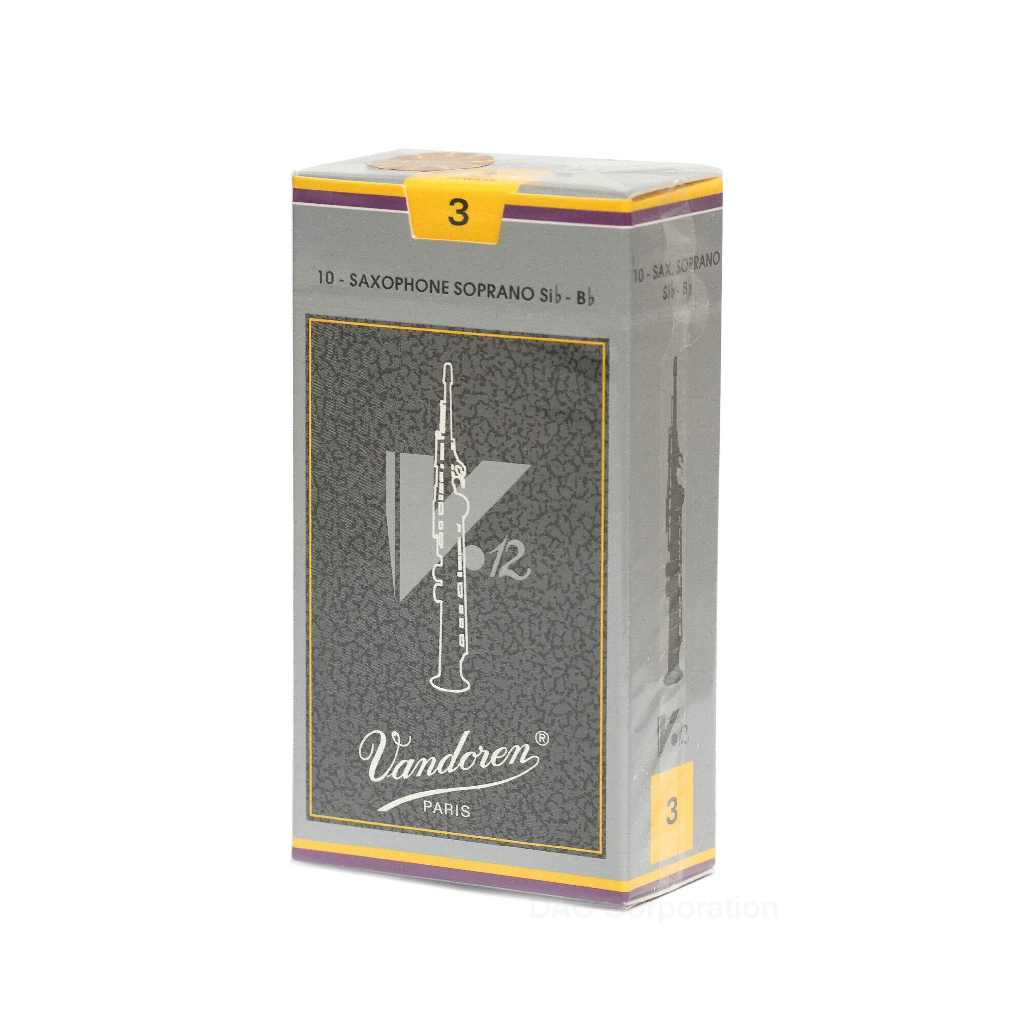 特別な形状のケーンを選別して製造されております。ヒール・ティップ共にトラディショナル(青箱)より厚く、耐久性があり、振動しやすく深く豊かな音と最適なアタックが得られる人気のリードです。 湿度の変化にさらされないように、1枚ずつプラスティック製のプロテクターで保護され、フローパックとして密閉されております。 【仕様】 ■ソプラノサックス用リード ■V12 / 銀箱 ■10枚 ■生産国：フランス ※5箱以上まとめてご注文の際は、事前にメールまたはお電話(03-3361-2211)にて在庫をご確認ください。