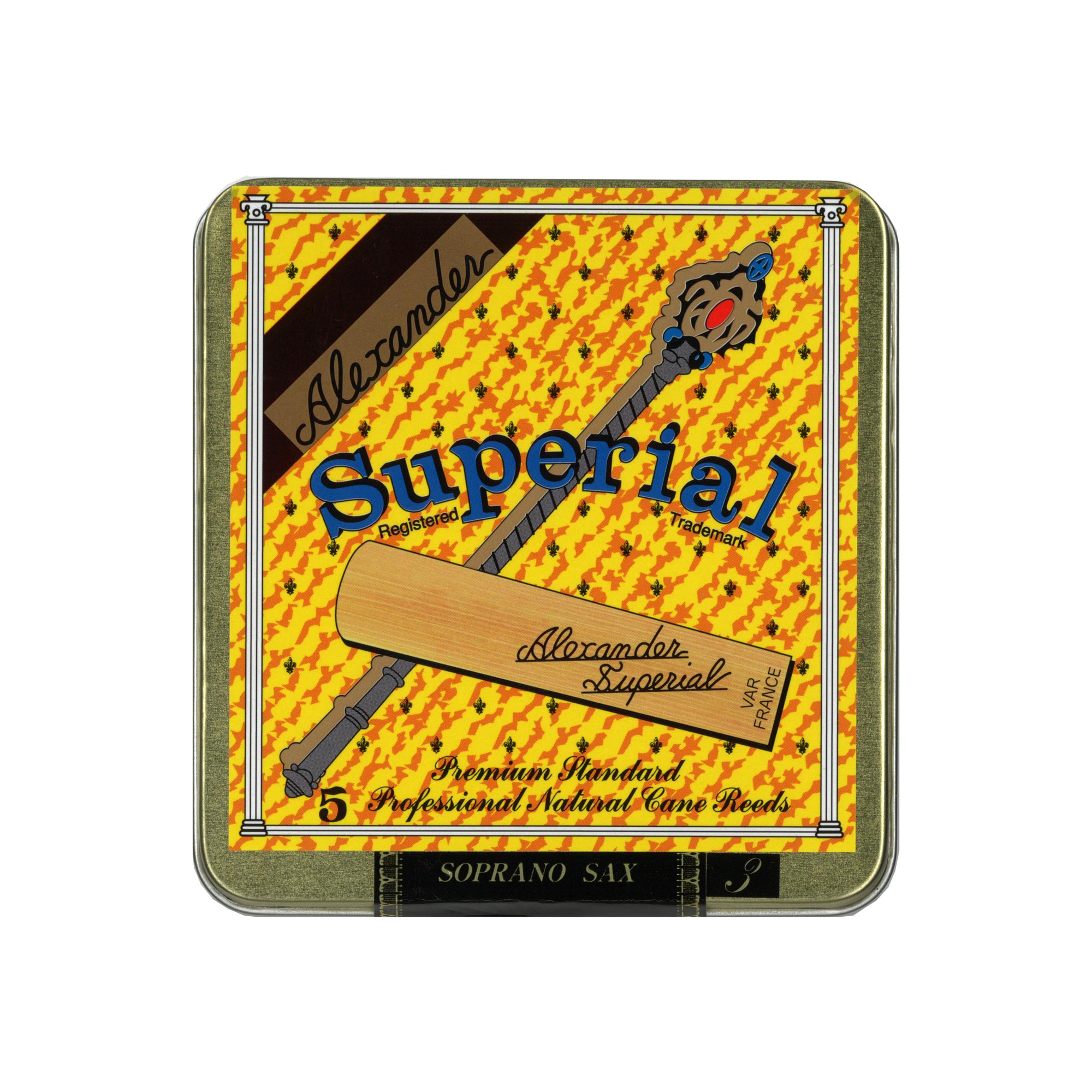 サックス奏者、トム・アレクサンダー氏が開発した高品質サックス用リード。 海外で多くの人気プレイヤーに使用され、日本でもその品質の良さからプロ・アマ問わず、ジャズプレーヤーはもちろん、多くの音楽家から高評価を得ているリードです。 Superial（スぺリアル）は、アレクサンダーのラインナップの中でも初期からのロングセラーで、明るく、暖かく共鳴する「バズ」音を含む音色が特徴。耐久性も良く幅広い音域にわたる均一な音階、そして広いダイナミックレンジを生み出すリードです。 現在、バンドーレンJAVAやRicoリードなどをお使いのプレーヤーにおすすめです。 ※その他メーカーよりも若干硬く感じる場合がありますので、普段よりも柔らかめの番号からのお試しをメーカーは推奨しています。 【仕様】 ■ソプラノサックス用リード ■アンファイルドカット（シングルカット） ■内容量：5枚 ■made in U.S.A. ※3箱以上まとめてご注文の際は、事前にメールまたはお電話(03-3361-2211)にて在庫をご確認ください。