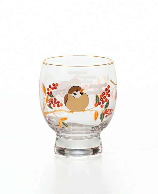 アデリア 吉祥花鳥 雀と南天 酒グラス 6838 【スズメ 日本製 冷酒 日本酒 おちょこ ガラス食器 石塚硝子 化粧箱入 贈答 ギフト】