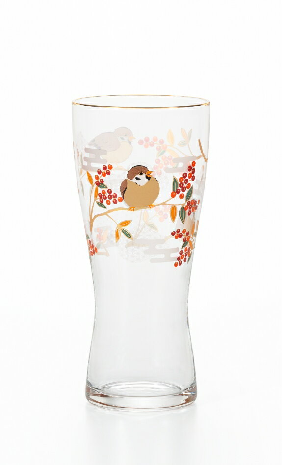 アデリア 吉祥花鳥 雀と南天 ビアグラス 6841 【スズメ 日本製 ビールグラス ガラス食器 石塚硝子 化粧箱入 おしゃれ 和風 贈答 ギフト】