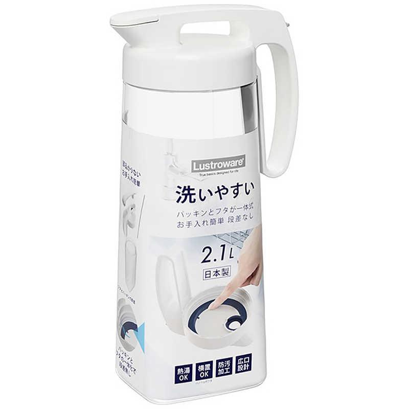 ■熱湯を注いでもOK 耐熱性を備えた本体。 沸かしたてのお茶などをそのまま入れられます。 ■茶しぶが付きにくい防汚加工 ハンドル付きフタは防汚加工が施されています。 ■フタとパッキンが一体化 パッキンを取り外さずに簡単にお手入れができます。 ■広口設計で隅々まで洗える キャップや蓋が外せて底まで手が届きます。 ■タテ置きヨコ置き自在 冷蔵庫内のスペースを有効に使うことが可能です。 ドアポケットにもきっちり収まるサイズに設計されています。 ■注ぎ口の開閉は片手でラクラク ハンドルを握ったまま親指で操作できます。 ●サイズ：約15.2×10.3×30.5cm ●容量：2.1L ●重量：約396g ●材質 本体：AS樹脂（耐熱温度100℃、耐冷温度-30℃） パッキン：熱可塑性エラストマー（耐熱温度100℃、耐冷温度-20℃） ハンドル付きフタ：ポリプロピレン（耐熱温度100℃、耐冷温度-20℃） レバー・中栓：ABS樹脂（耐熱温度100℃、耐冷温度-30℃） ●生産国：日本