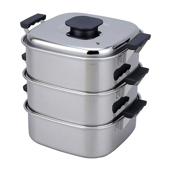 送料無料　桃印 18-0　ステンレス 【ガス火・IH対応】角型蒸し器3段　6-0371-1002　22cm