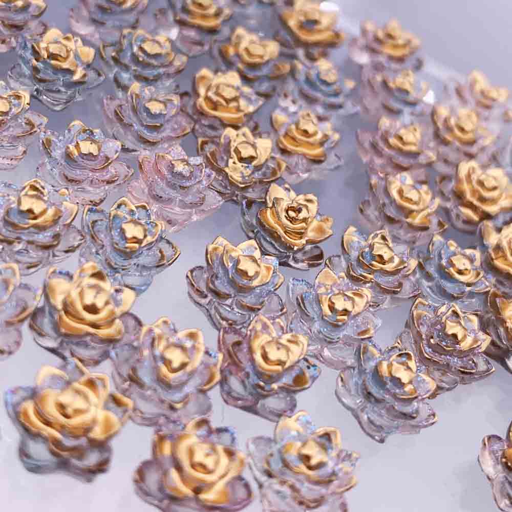 KKFNの【2点以上まとめ買いで得得】 ネイルパーツ 花 8mm クリア ゴールド 50個 フラワー 赤 青 混色 樹脂製 蓮の花 立体 3D カボション レジン デコパーツ BD3992｜アングル3