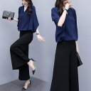 セットアップ レディース カジュアル 夏 40代 半袖 ブラウス シャツ Vネック ガウチョパンツ シフォン ワイドパンツ フォーマル 結婚式 パーティー 二次会 披露宴 コーデ トップス きれいめ 大きいサイズ おしゃれ 可愛い 通勤 OL 大人 上品 着痩せ