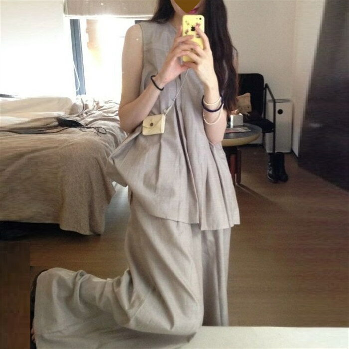 セットアップ レディース カジュアル 夏 40代ノースリーブ パンツセット ベスト ジレ Uネック ワイドパ..