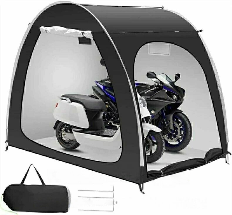 「大型で自転車＆サイクル兼用」：本体サイズが210（長）x150（幅）x165（高）cm程大きいサイズ。自転車だけを保管すると可収納台数が最大3-4台となります。オートバイクだけを保管する場合、最大2台まで収納できます。また、適用シーンが幅広く庭園工具物置としては使用可能です。一つ持つと雨風や日差しや劣化などから自転車やモーターサイクルを守られます。 「二つの出入り口付き」：特別な設計でサイクルハウスの正面と側面には出入り口が備わっています。サイクルを運び上げず側面の出入り口からサイクルを押し入れられます。自転車の出し入れのしやすさを重視する方に最適。また、テントの外にいても中にいてもファスナーを引くと、出入り口を簡単に開け閉めますよ。 「高品質素材＆防水性」：撥水加工が施されたPU4000 オックスフォード素材を採用して商品の防水性が非常に良い。テント内側にポケットと小さい窓口がついており、小物の収納や観察や通気もしやすい。なお、L型ネジを4本付属し、それらを柔らかい地面に挿し込んだら、サイクルハウスをしっかと固定できます。強風や台風のとき飛ばされる可能性を減少することにも役に立ちます。 「軽量で持ち運びも設置も簡単」：約3.2kgと軽量かつ収納袋つきで持ち運ぶことが容易。骨組みは高強度グラスファイバー棒を採用し、組み立てと分解が簡単なのもうれしいところです。これがあれば、自宅やアウトドアキャンプなどのサイクル保管には人気あります。