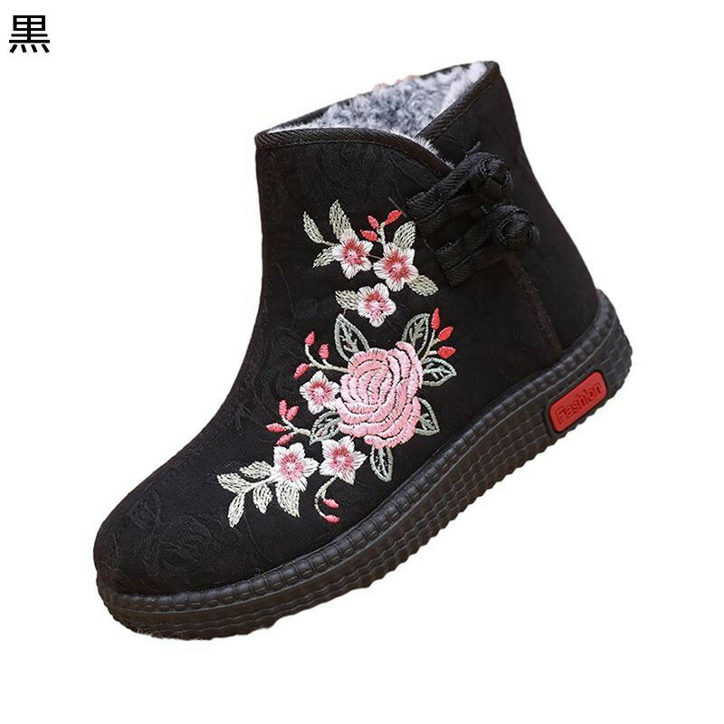 ウィンターブーツ 高齢者靴 レディース お年寄り 綿靴 ショートシューズ 刺繍 花柄 チャイナボタン ス..