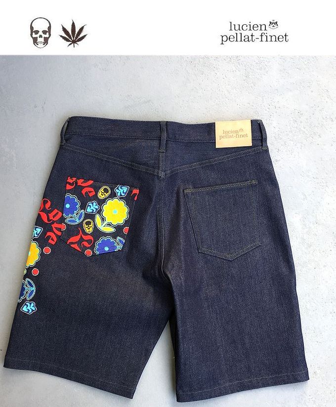 ルシアンペラフィネ 花刺繍デニムショーツ　ショートパンツ メンズlucien pellat-finet　シーズンクリアランス
