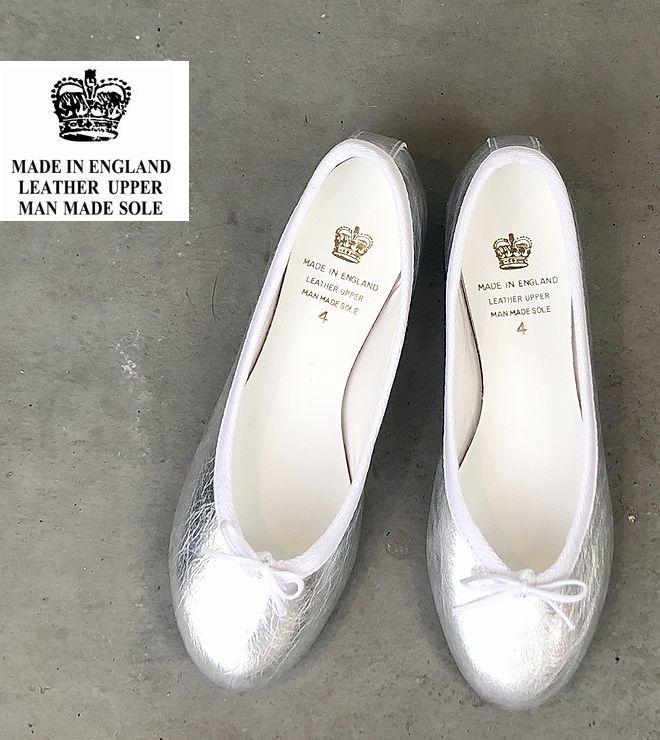 英国製　クラウン　バレエシューズ　皮革　牛革　シルバー　レディス　イギリス製　CROWN SHOES BOW BALLET ENGLAND