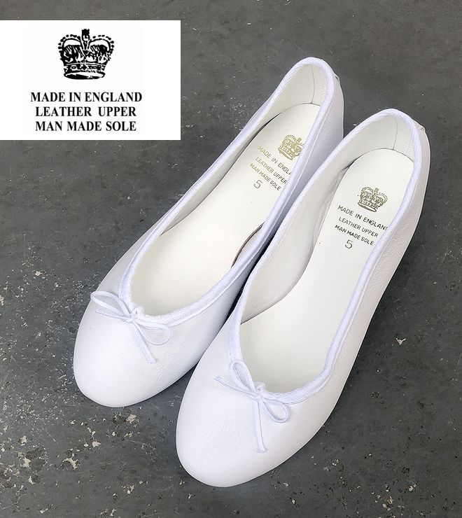 英国製 クラウン バレエシューズ 皮革 牛革 ホワイト 白 レディス イギリス製CROWN SHOES BOW BALLET ENGLAND