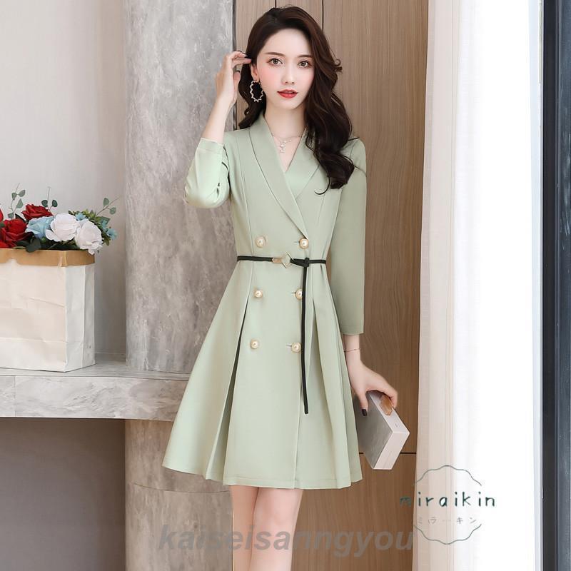 膝丈ワンピース 春物レディース プリーツワンピース aラインワンピース コートワンピ ビジネス スーツ風 通勤 ワンピース ダブルボタン vネック 九分袖