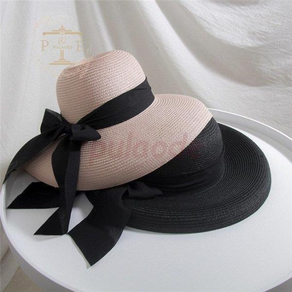 麦わら帽子 ハットレディース つば広 UV 春夏 リボン HAT 帽子 ストローハット レ...