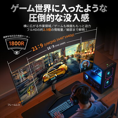 【クーポン利用で32,890円~購入】34インチ UWQHD ゲーミングモニター 湾曲 3440×1440 Ultraワイド 165Hz/144Hz/120Hz PCモニター 120%sRGB 350nits輝度 PIP/PBP画面分割【FreeSync/HDR/1ms応答】VA 非光沢 1800R VESA スピーカー内蔵 チルト/水平/高さ調整 kksmart HG-34Q - Image 3