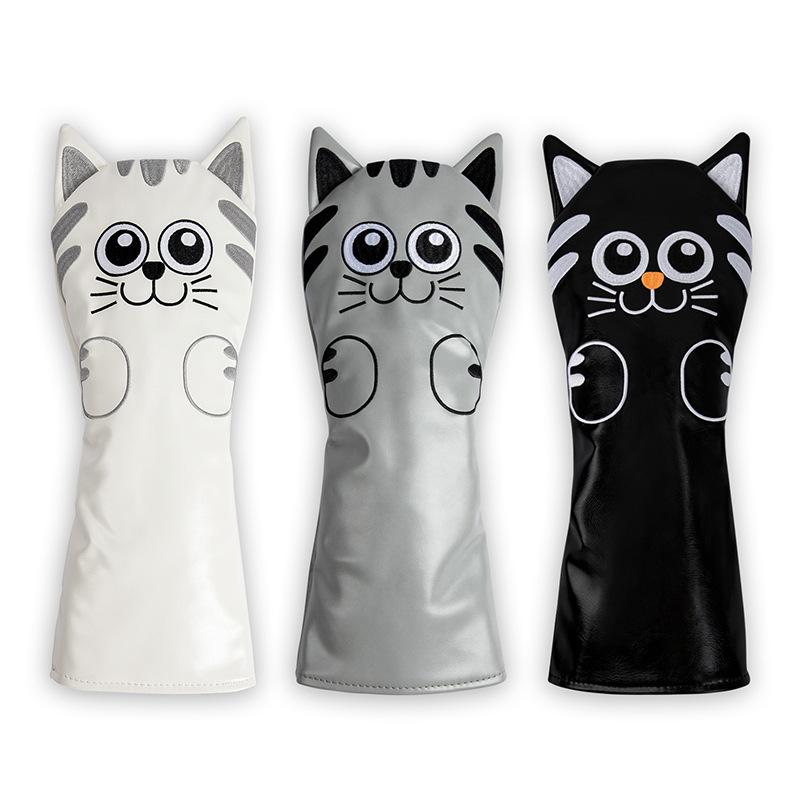 ヘッドカバー 猫 動物モチーフ かわいい PUレザー 耐久性 傷防止 ウッド ドライバー UT用 パター マレット ストレート アイアン 9本セット ホワイト グレー ブラック