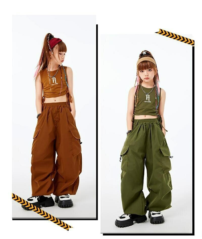 チア へそ出し キッズ ダンス衣装 セットアップ 女の子 ホワイト レッド グリーン ブラウン タンクトップ ショートトップス ロングパンツ K- 韓国 チアガール カーゴパンツ