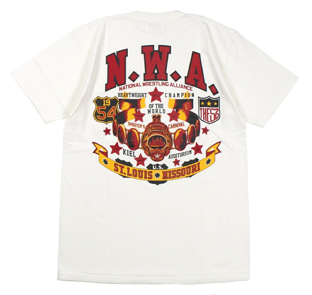 ’BO’S GLAD RAGS Mid 1950s Style Medium Weight Cotton Pocket Tee “N. W. A. WORLD’S HEAVYWEIGHT CHAMPION TITLE BELT” Washed-Out White size.M,L,XL