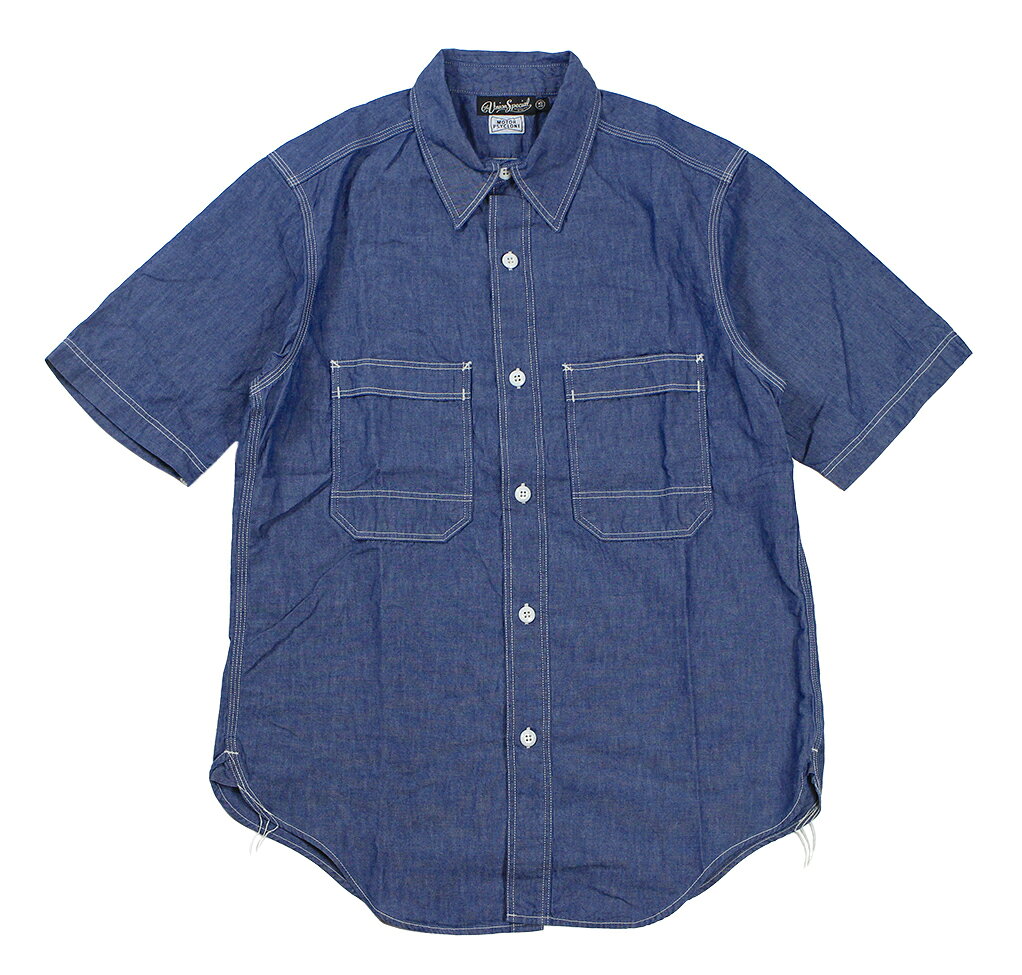 FREEWHEELERS & CO. ＜MOTOR PSYCLONE GARAGE SERIES＞ ["Peace Valley" SHORT SLEEVE SHIRT #2523005 INDIGO size.14,15,16,17,17 1/2]