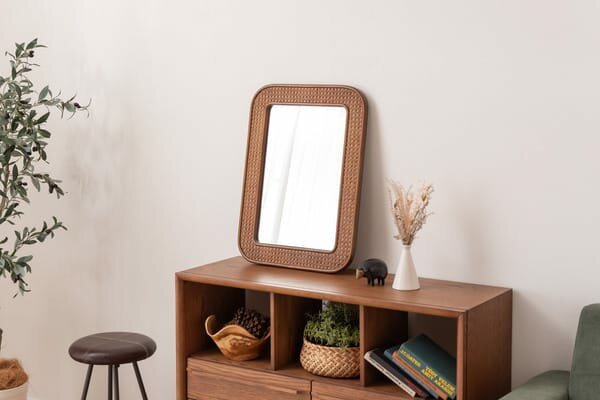 ミラー 鏡 ラタン ミニキャビネット 小さめ 小さい 韓国インテリア かわいい おしゃれ ブラウン ナチュラル 北欧 シンプル カゴメ編み 玄関 身だしなみ 天然木