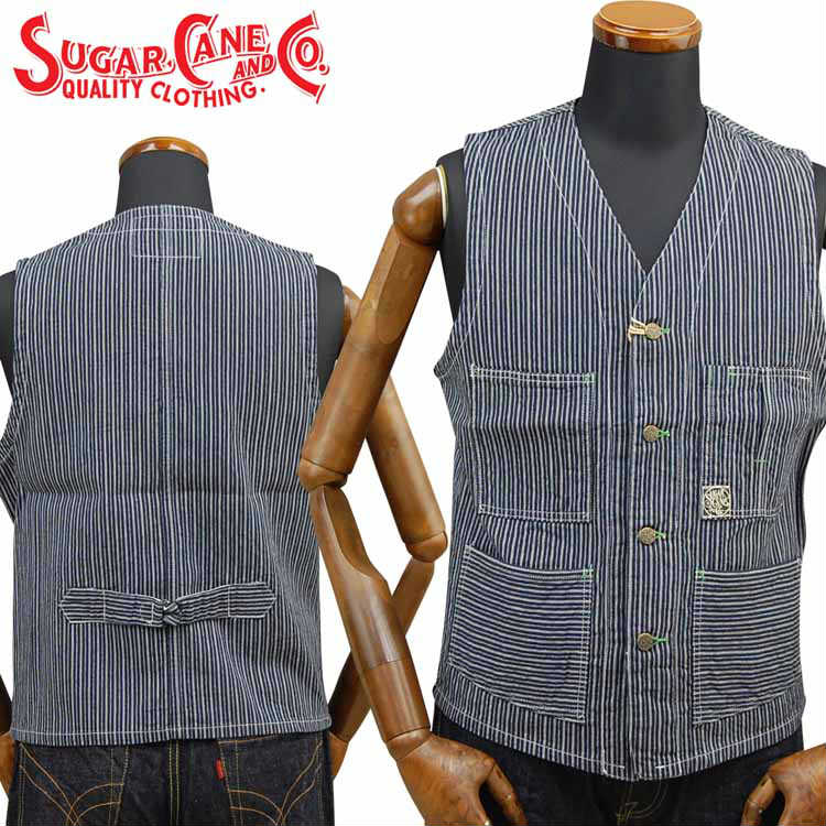 シュガーケーン FICTION ROMANCE インディゴ ストライプ ワーク ベスト 8oz INDIGO STRIPE WORK VEST「SC14597」 SUGAR CANE