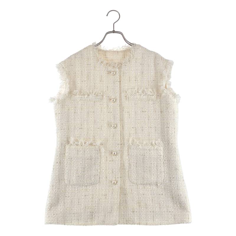 【美品】 ELFRANK / エルフランク | 2025SS | パールボタン ツイード フリンジベスト | F | ホワイト | レディース