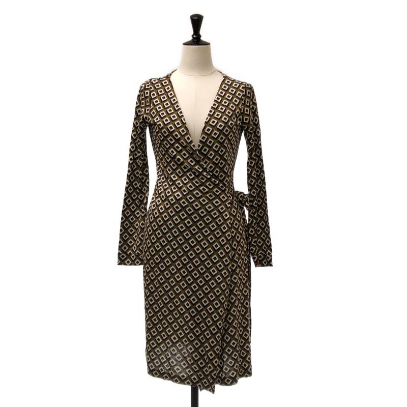 DIANE VON FURSTENBERG / ダイアンフォンファステンバーグ | シルク ジオメトリック カシュクールワンピース | 0 | ブラウン | レディース