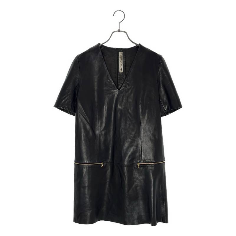 Acne Studios / アクネストゥディオズ | LIKA ラムレザー Vネック 半袖ワンピース | 36 | ブラック | レディース