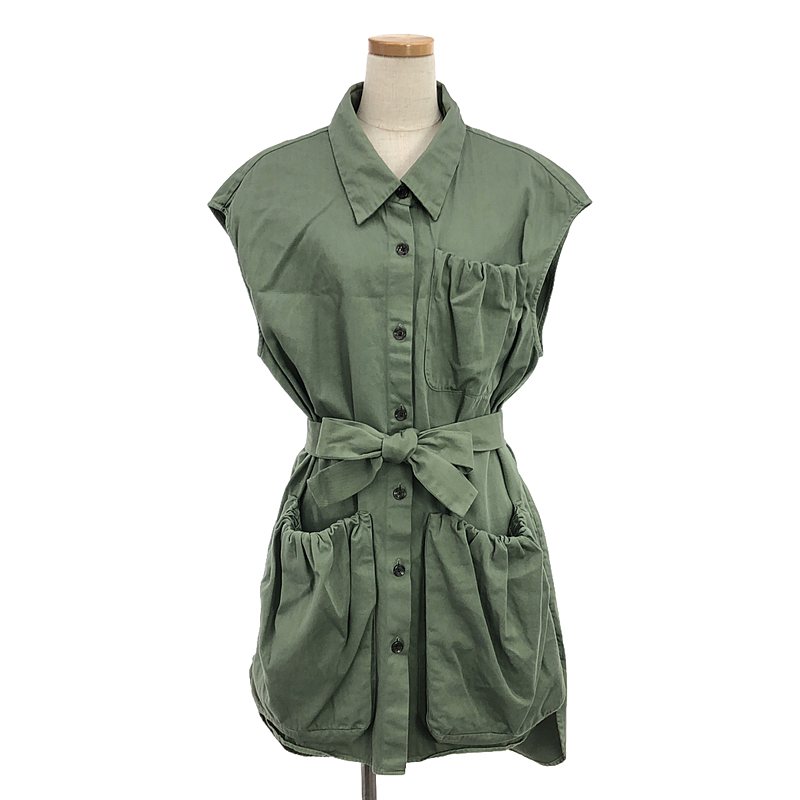 【美品】 DRIES VAN NOTEN / ドリスヴァンノッテン | ダブルギャザーポケット スリーブレス ミリタリー シャツ コート | S | グリーン | レディース