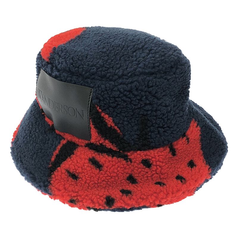 【美品】 JW Anderson / ジェイダブルアンダーソン | レザーロゴパッチ ストロベリープリント ボア バケットハット 帽子 / ユニセックス | 56 | ネイビー/レッド | レディース
