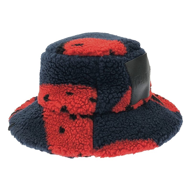 【美品】 JW Anderson / ジェイダブルアンダーソン | レザーロゴパッチ ストロベリープリント ボア バケットハット 帽子 / ユニセックス | 56 | ネイビー/レッド | レディース