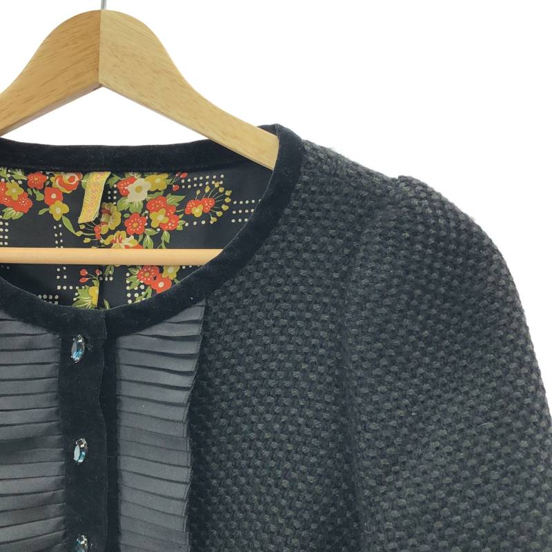 leur logette / ルールロジェット | ノーカラー ビジューボタン プリーツ ツイード ジャケット | 1 | ブラック | レディース