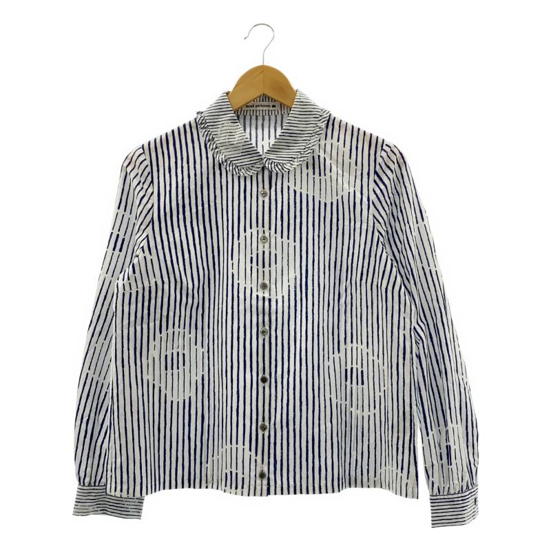 mina perhonen　ミナペルホネン　misty flower フラワー ストライプ ラウンドカラー シャツ　レディース　トップス　シャツ　長袖　ネイビー/ホワイト　古着　