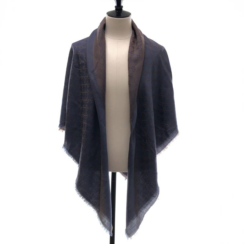 【美品】 GUCCI / グッチ | 総柄 ジャガード GGロゴ フリンジ 大判 ストール / ユニセックス | パープル/ブラウン系
