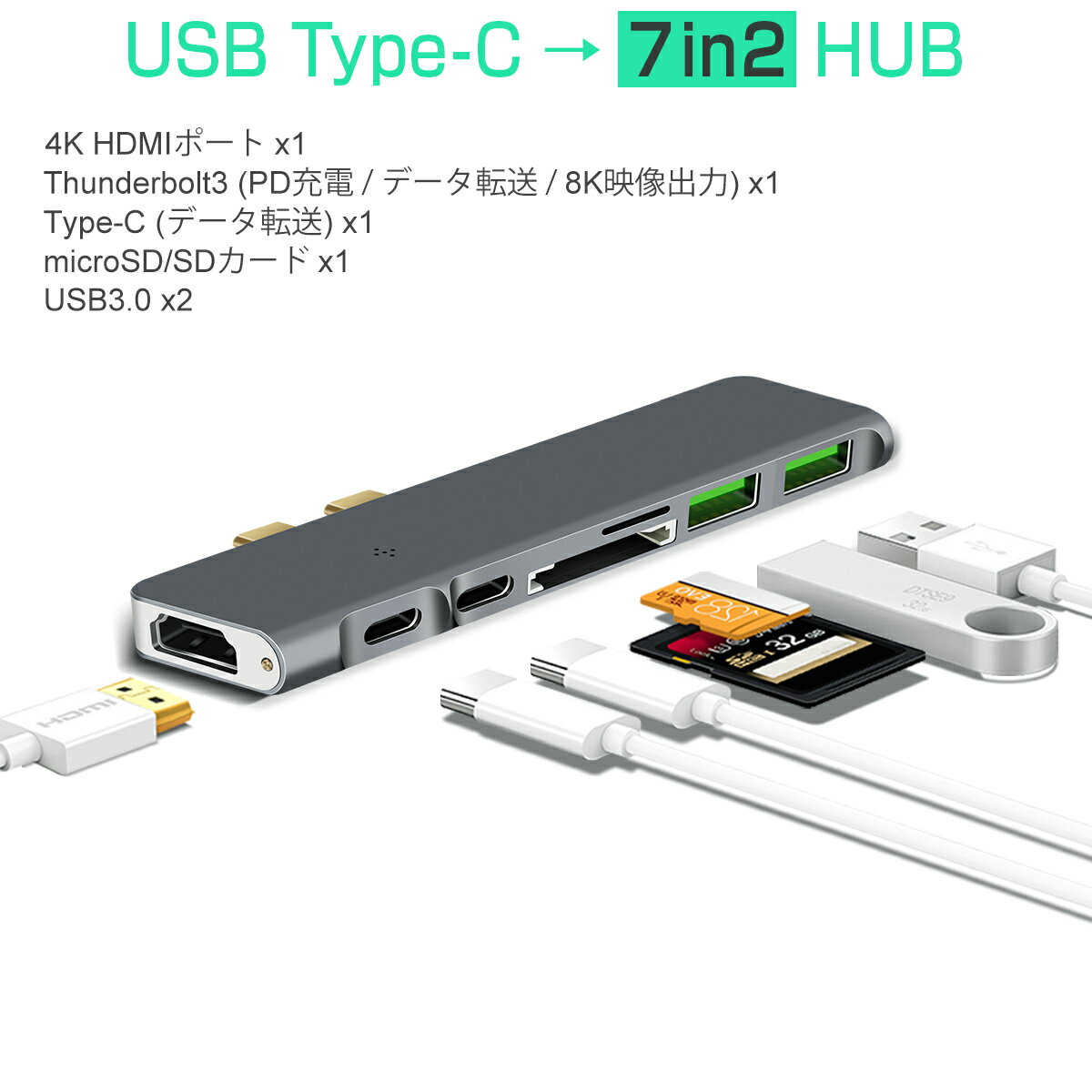 B2B USB Type-C ϥ 7in1 USB3.0x2 4K 8K HDMI Thunderbolt3 40Gbps PD microSD SDå ĥ Ѵ ڡ쥤 MacBookǥ߷ 3ݾ